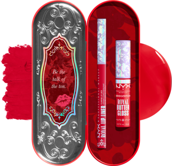 NYX Bridgerton Royal Treasures: otwarte srebrne pudełko z czerwoną konturówką i błyszczykiem Royal Butter Gloss, próbka.