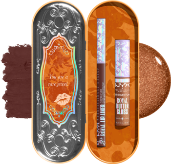 Zestaw Bridgerton Royal Treasures 2-Piece Lip Kit: brązowy błyszczyk i konturówka w otwartym srebrnym, ozdobnym pudełku.