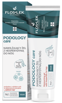 Floslek Podology Care Nawilżający żel z hesperydyną do nóg, biała tubka w zielonym kartoniku, widok frontalny.