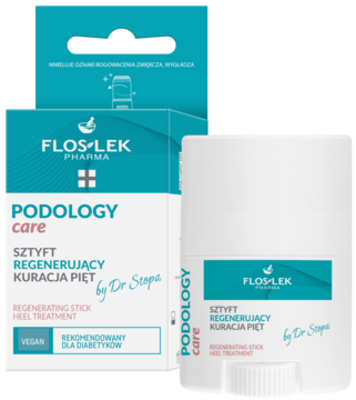 Flos-Lek Podology Care regenerujący sztyft do pięt z mocznikiem, biały, obok niebiesko-białego kartonu.