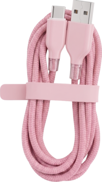 Różowy, pleciony kabel USB-C do USB-A, ciasno zwinięty i zabezpieczony opaską, widok z góry.