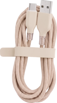Beżowy pleciony kabel USB-C do USB-A, zwinięty i zabezpieczony opaską. Widoczne końcówki z metalowymi elementami.