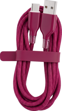 Różowy, pleciony kabel USB-C do USB-A, zwinięty, z silikonową opaską. Widok z góry.