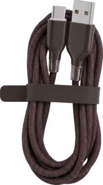 Wytrzymały kabel USB-A do USB-C w ciemnobrązowym oplocie, złożony i spięty, widok lekko z góry.
