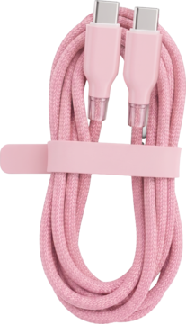 Różowy pleciony kabel USB-C z dwoma złączami typu C, zwinięty i spięty silikonową opaską. Widok z góry.
