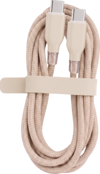 Beżowy pleciony kabel USB-C, zwinięty i spięty rzepem, ze srebrnymi końcówkami, widok z przodu.