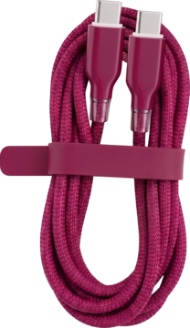 Ciemnoróżowy, pleciony kabel USB-C do USB-C, owinięty i spięty silikonowym paskiem, widok z przodu.