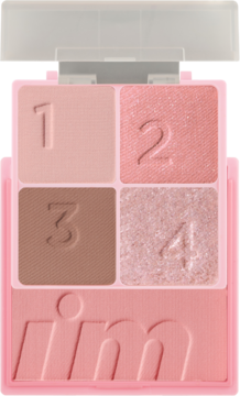 I’m Meme Multi Cube Sweet Pink: mini paleta z 4 cieniami (mat, błysk) i różem w pudrowym różu, z numerami i logo.