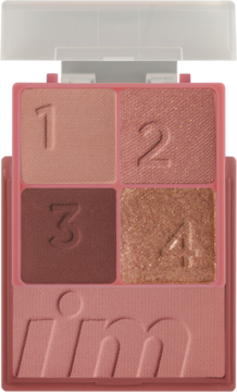 Paleta cieni I’m Meme Multi Cube Glam Rose, widok z góry. Cztery kolory: matowy brzoskwiniowy, błyszczący różowo-złoty, matowy śliwkowy, błyszczący miedziany.