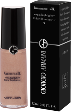 Giorgio Armani Luminous Silk Acqua Highlighter 3 w beżowej butelce i czarnym pudełku. Widok z przodu.