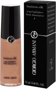 Giorgio Armani Luminous Silk płynny rozświetlacz w butelce i czarnym pudełku, odcień 4, widok z przodu.