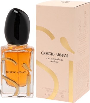 Giorgio Armani Si Eau de Parfum Intense 30ml: bursztynowy flakon ze złotym 'S' i jasnym opakowaniem.