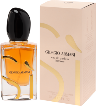 Giorgio Armani Eau de Parfum Intense, bursztynowa butelka z czarnym korkiem i złotym wzorem, obok beżowe pudełko.