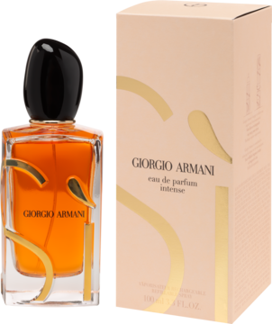 Giorgio Armani eau de parfum intense: bursztynowy flakon ze złotym wzorem, obok beżowe pudełko, widok z przodu.