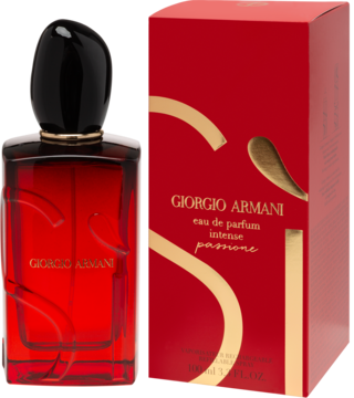 Giorgio Armani Sì Passione Intense: czerwona butelka z czarną nakrętką i falistym wzorem, obok czerwone pudełko.