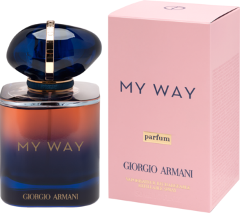 Perfumy Giorgio Armani My Way Parfum. Elegancka butelka ombre z granatowym korkiem i różowe pudełko, widok z przodu.