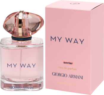 Giorgio Armani My Way Nectar perfumy. Różowa butelka z różowym, fasetowanym korkiem i dopasowane pudełko.