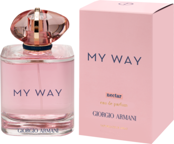 Perfumy My Way Nectar Giorgio Armani, różowa butelka i kartonik, widok z przodu pod lekkim kątem.