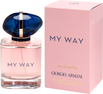 Flakon perfum Giorgio Armani MY WAY, różowy z niebieską, fasetowaną nakrętką, obok różowe pudełko.