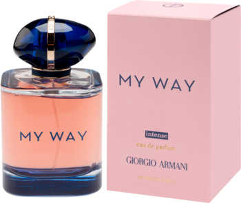 Perfumy Giorgio Armani My Way Intense edp w różowym, szklanym flakonie z granatową nakrętką obok pasującego pudełka, widok z przodu.