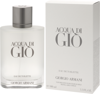 Acqua di Giò EDT Giorgio Armani w białej butelce i pasującym pudełku, widok z przodu na białym tle.