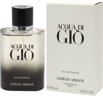 Butelka Acqua di Giò Eau de Parfum z gradientem i czarną nakrętką, obok białe pudełko, widok z przodu.