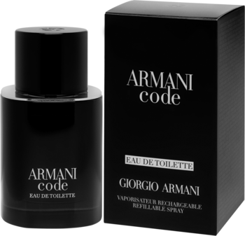 Czarne perfumy Armani Code Eau de Toilette Giorgio Armani, butelka i pudełko, widok z przodu.