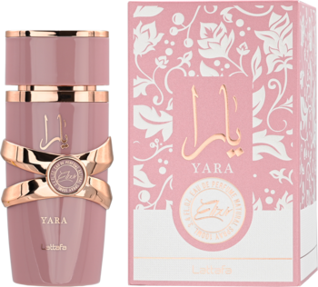 Perfumy Yara Lattafa. Różowa butelka ze złotymi zdobieniami i pudełko z kwiatowym wzorem, widok z przodu.