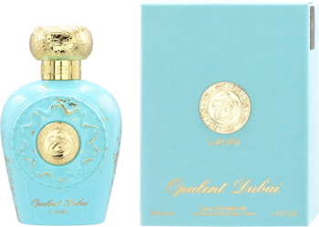 Latafa Opulent Dubai, turkusowa butelka perfum ze złotym ornamentem i korkiem, widok z przodu, obok pudełko.