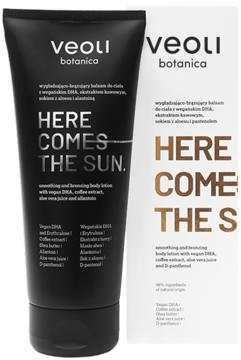 Veoli Botanica Here Comes The Sun, balsam brązujący w czarnej tubie, obok białego opakowania, z przodu.