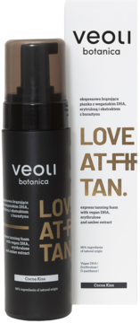 Ekspresowa pianka Veoli Botanica Love At First Tan Cocoa Kiss, czarna butelka z pompką i białe pudełko obok siebie.