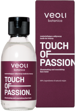 Veoli Botanica Touch Of Passion tonik do twarzy w przezroczystej butelce i ciemnofioletowym pudełku z przodu.