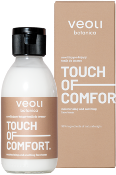 Nawilżająco-kojący tonik Veoli Botanica Touch Of Comfort w białej butelce i beżowym opakowaniu.