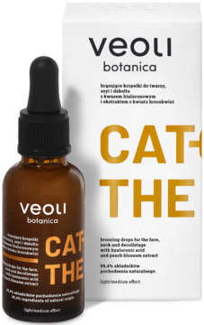 Veoli Botanica Catch The Sun brązujące kropelki w butelce z zakraplaczem i pudełku, widok z przodu.