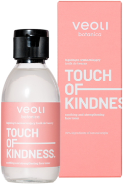Łagodząco-wzmacniający tonik Veoli Botanica Touch Of Kindness w butelce i różowym pudełku, widok z przodu.