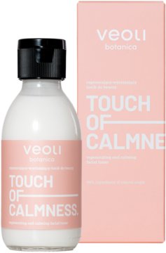 Tonik Veoli Botanica Touch Of Calmness w białej butelce z czarnym korkiem i różowym pudełku, widok z przodu.