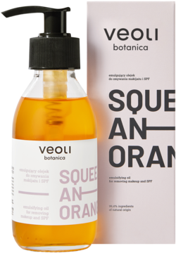 Olejek Veoli Botanica Squeeze An Orange do demakijażu, w pomarańczowej butelce z pompką, obok pudełka.