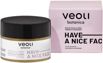 Krem Veoli Botanica Have a Nice Face, nawadniający, w jasnym słoiczku z czarną nakrętką i różowym opakowaniu obok.
