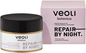 Veoli Botanica Repair By Night nocny krem z Second Skin, w słoiczku z ciemną zakrętką i różowym pudełku.