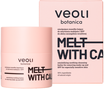 Różowe emulgujące masełko Veoli Botanica Melt With Calmness i pudełko, widok pod kątem.