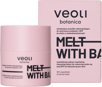 Veoli Botanica Melt With Balm, różowe masełko do demakijażu SPF, w słoiczku i pudełku, widok z przodu.