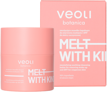 Veoli Botanica Melt With Kindness, różowe masełko do demakijażu i SPF, słoiczek i kartonik z napisem.