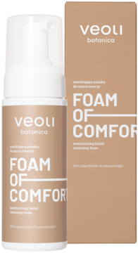 Veoli Botanica Foam Of Comfort, nawilżająca pianka do mycia twarzy w białej butelce z beżową etykietą i pudełkiem, z przodu.