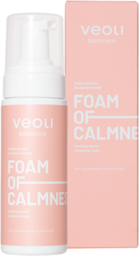 Różowa butelka i pudełko Veoli Botanica Foam Of Calmness, kojąca pianka do mycia twarzy, z przodu.