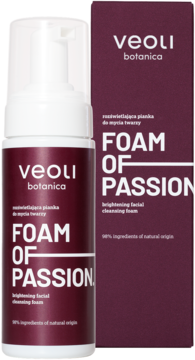 Veoli Botanica Foam Of Passion, ciemnoróżowa pianka do mycia twarzy w butelce z pompką i pudełku, widok z przodu.