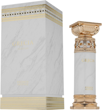 Grecia perfumy: butelka-kolumna i pudełko w biały marmur ze złotymi detalami, widok od frontu.