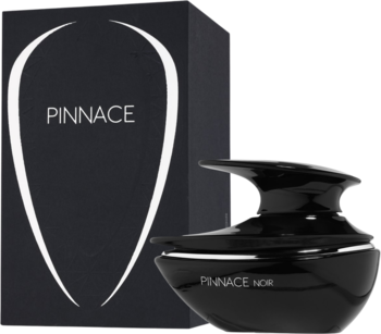 Perfumy damskie French Avenue PINNACE Noir. Czarny, lśniący flakon z pudełkiem, widok z przodu pod kątem.