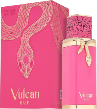 Różowy flakon i pudełko perfum Vulcan Baie French Avenue ze złotym wężem, widok obu produktów z przodu.