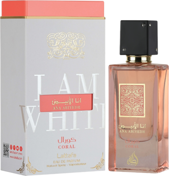 Frontalny widok perfum Lattafa Ana Abiyedh Coral EDP: białe pudełko ze złotymi zdobieniami i koralową górą, obok butelka z pomarańczowym płynem.