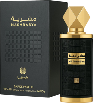 Czarny flakon perfum Mashrabya Lattafa EDP z plecionym wzorem, złotym korkiem, obok pudełka.